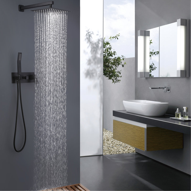 Système de douche pour salle de bain noir mat - Tête de pluie de 12 po. Meuble de luxe mural. Corps en laiton pour boire de l'eau salubre. Ajustement à une poignée. 2 têtes, valve à disque en céramique. Bras de 15,75 po, robinet à boyau de 59 po