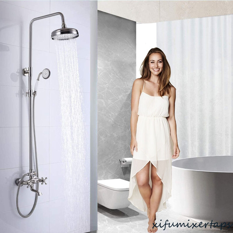 Brushed Nickel Exposed Shower Faucet Set Rain Shower System Fixture Wall Mounted