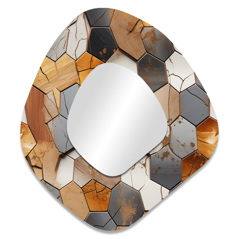 Rustic Hexagons Boho Motif I - Grand miroir mural géométrique asymétrique moderne, 35 po x 31 po
