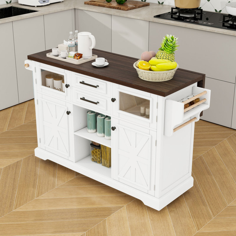 Îlot de cuisine roulant avec abattant, prise de courant, tablettes réglables et armoire de rangement, Blanc