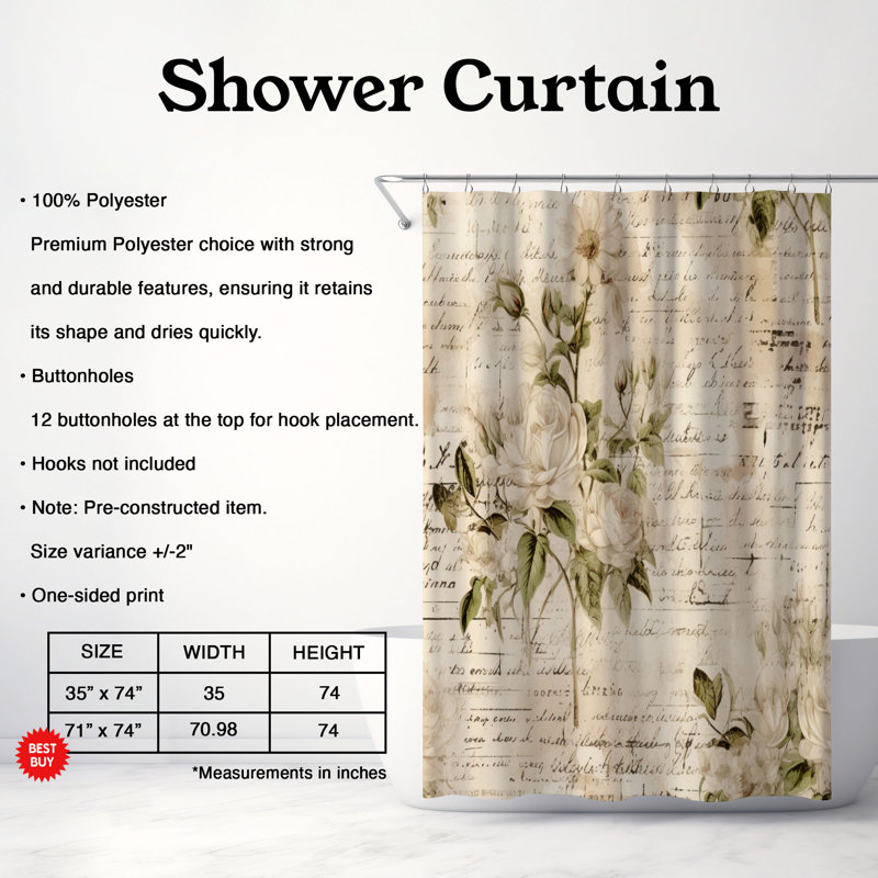 Rideau de douche 1 pièce Flowered Initiales, H 74 po x l 71 po