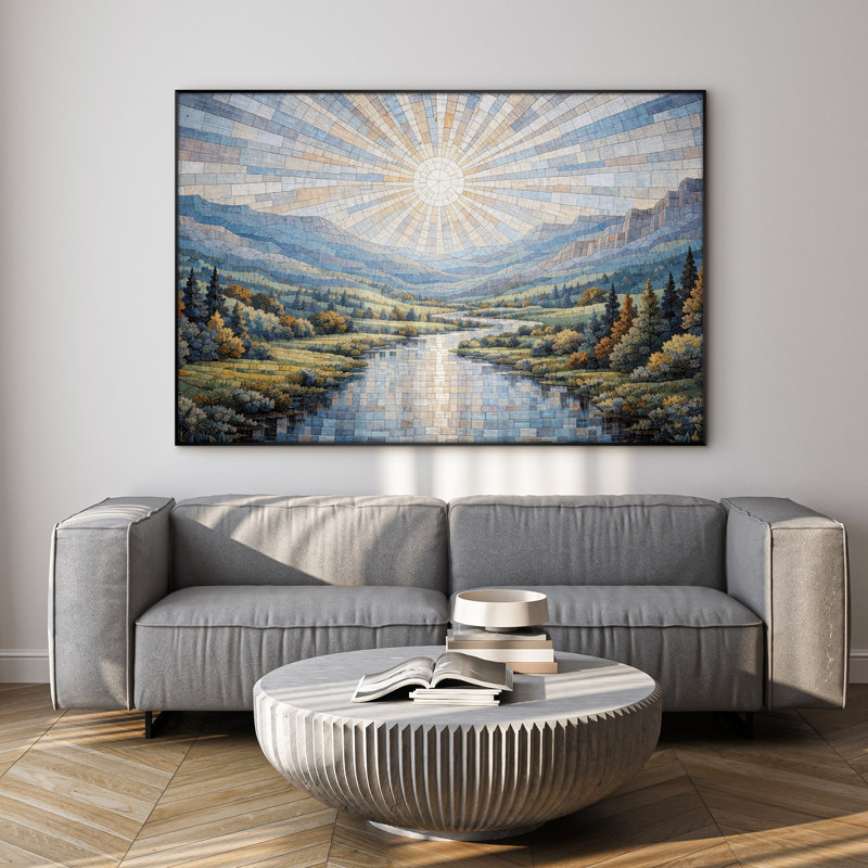Très grand art mural imprimé sur toile - Paysage de rivière bleu ensoleillé, décor de salon traditionnel - "Assemblage requis (cadre non fini)"