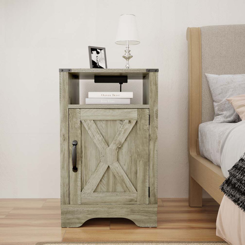 Table d'appoint de table de chevet avec prises électriques Farmhouse, Gris clair