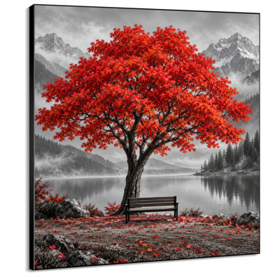 Impression sur tissu grand format - Érable rouge au bord d'un lac de montagne avec banc pour salon ou chambre - « Assemblage du cadre requis (cadre non fini) »