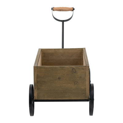 Rustic Wooden Wagon Planter with Black Iron Wheels and Handle