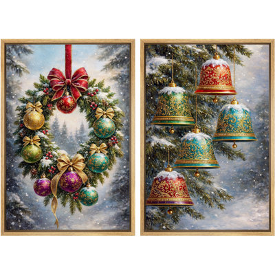 Illustration de couronne de Noël et de clochettes, photos de salon des Fêtes, impression sur toile encadrée, 2 pièces