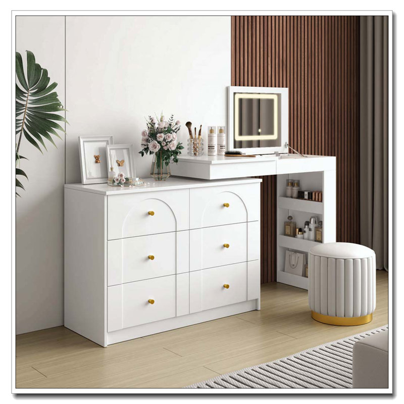 Bureau de coiffeuse avec miroir et lumières, coiffeuse de maquillage avec plateau rabattable et rangement 7 tiroirs, 9 compartiments, 3 tablettes