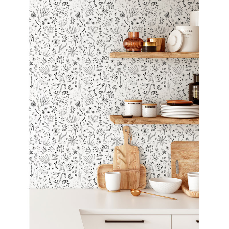 Rouleau de papier peint adhésif floral Kritika, L 2 pi x H 18 pi, Noir / blanc