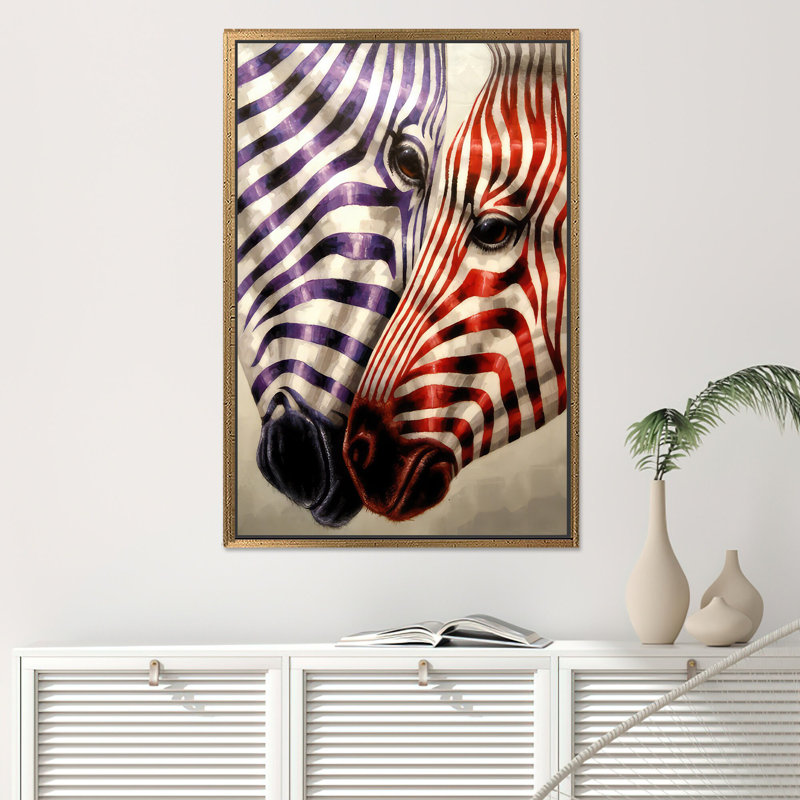 Vibrant Purple and Red Zebra Canvas Art: Modern Printed Wall Decor,1P GoldFramedCanvas, H: 63.1 x W:39.4 inches