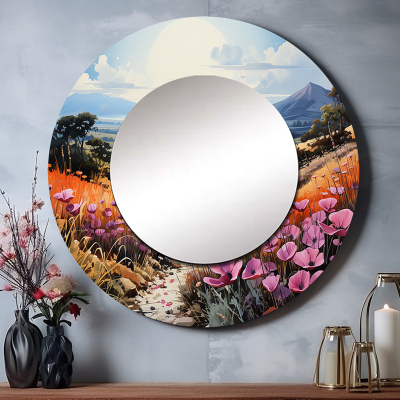 Vietnam Da Lat Flower Fields II - Vietnam Decorative Wall Mirror, Purple Round Mirror, Printed Metal Art, 29" x 29"