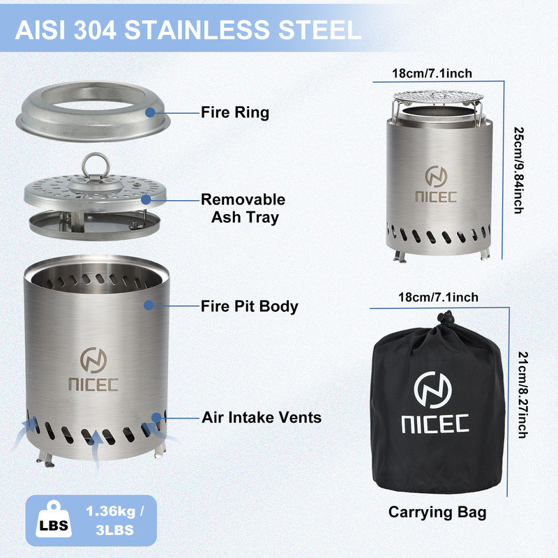 Smokeless Portable Fire Pit, Stainless Steel Outdoor Tabletop Fire Pit with Grill Grate, Ash Tray & Carry Bag