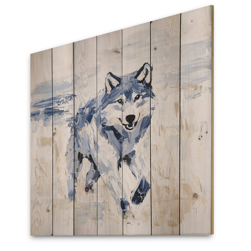Loup qui court dans la prairie I - Art mural moderne en bois , H 30 po x l 30 po