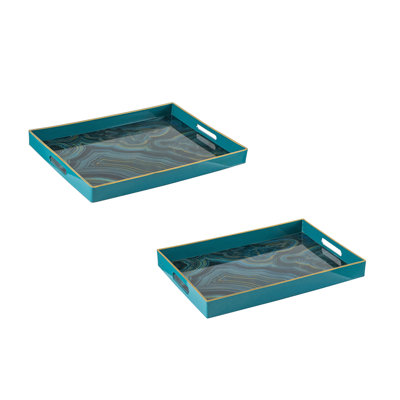 Ensemble de 2 plateaux rectangulaires Fara, conception en marbre, poignée découpée, plastique bleu