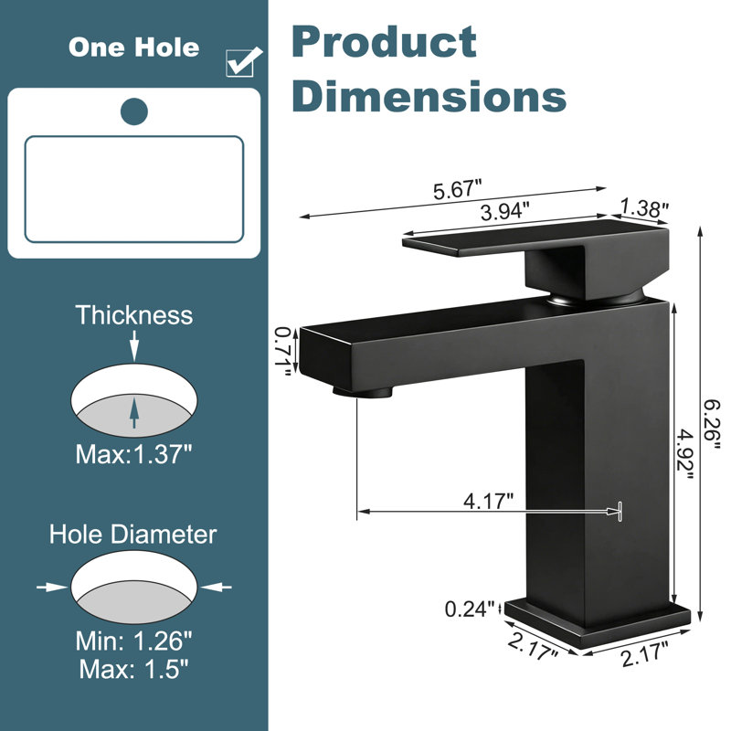 Robinet pour salle de bain à un trou en laiton massif noir mat, robinet de meuble-lavabo à poignée simple carré moderne avec drain escamotable et conduites d'alimentation en eau
