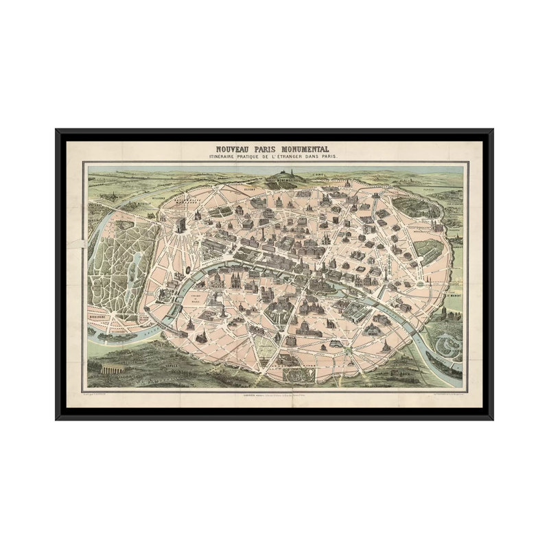 «Paris Monument Map» par Vintage Apple Collection, impression sur toile tendue, H 18 po x l 26 po x P 1,5 po, Pas de tapis