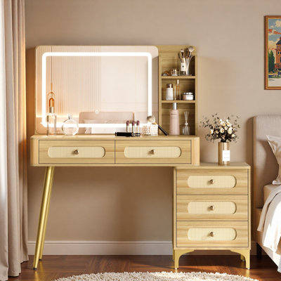 Vintage Makeup Vanity With Mirror And Lights, 5 Drawers, Open Storage Shelves, Rattan Design And Metal Handles