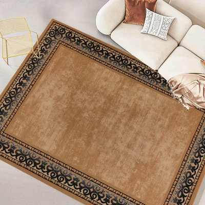Tapis bohémien à bordure rétro avec envers antidérapant, tapis d'intérieur en polyester lavable à la machine