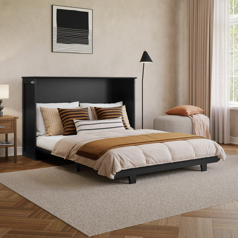 Lit escamotable Winthrop en bois avec matelas de 10 cm, Lit double, Noir