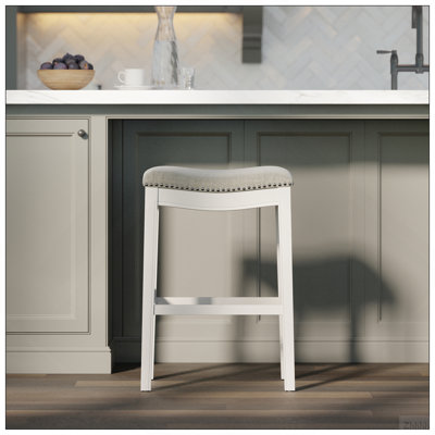 31 po Tabouret de bar en bois à hauteur de dossier sans dossier et siège clouté, garniture cloutée, blanc campagne avec siège rembourré gris, 1 pièce