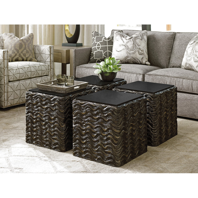 Transitional Black Pearl Stone & Metal Square End Table