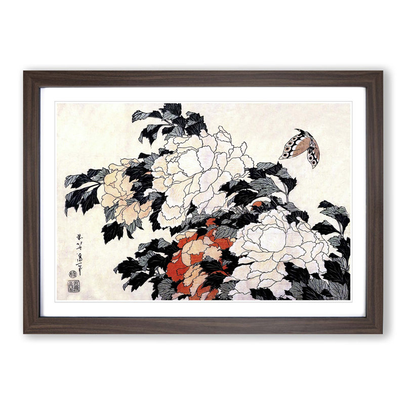 Peonies & Butterfly by Katsushika Hokusai - Picture Frame Painting Print, Walnut Framed, 27cm H x 36cm W x 2cm D