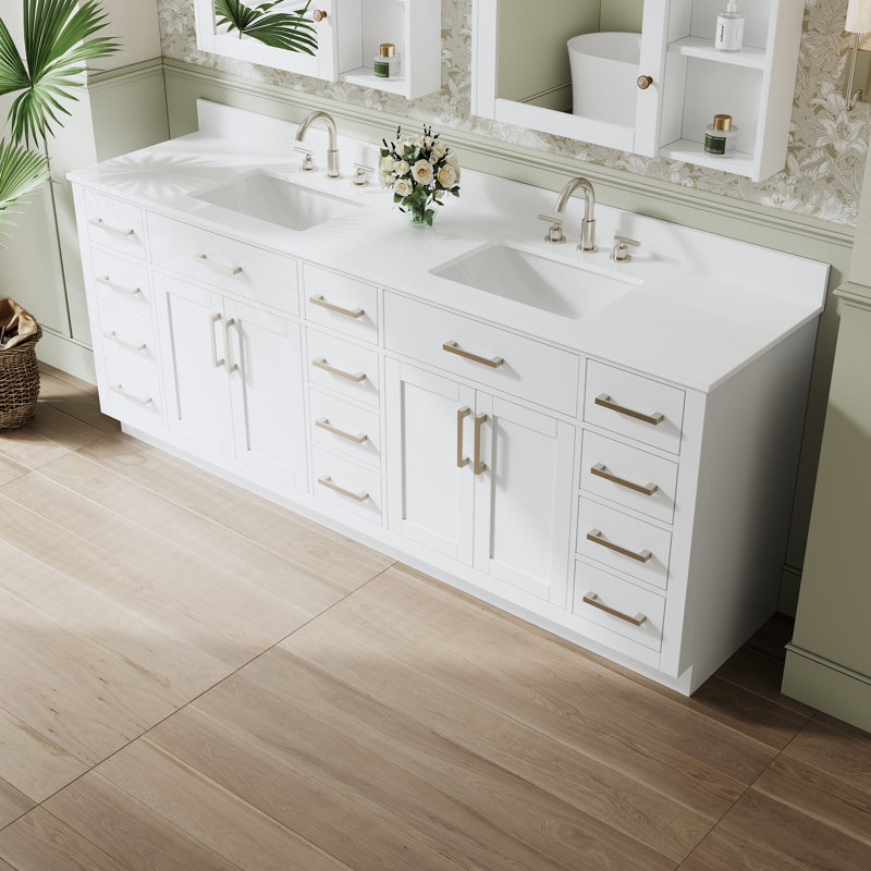 80" W x 35" H Freestanding Bathroom Solid Wood Vanity With White Cultured Marble Countertop And Ceramic Double Sink,White