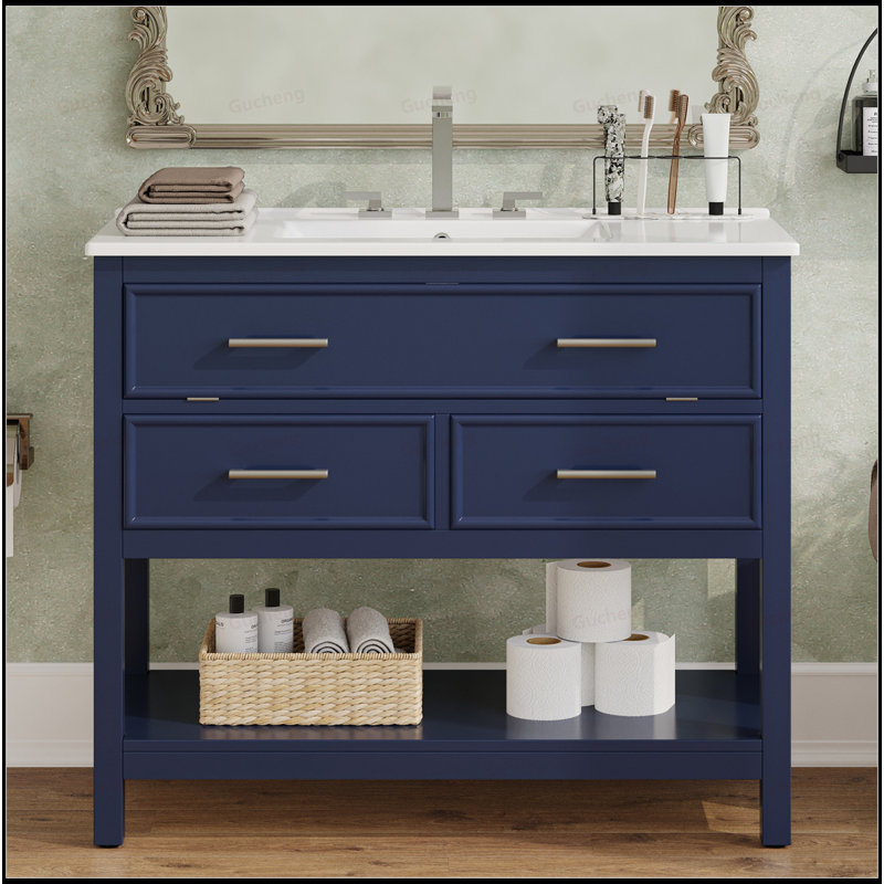 Meuble-lavabo autoportant de 36 po avec plateau basculant, tiroirs et lavabo en céramique, Gris
