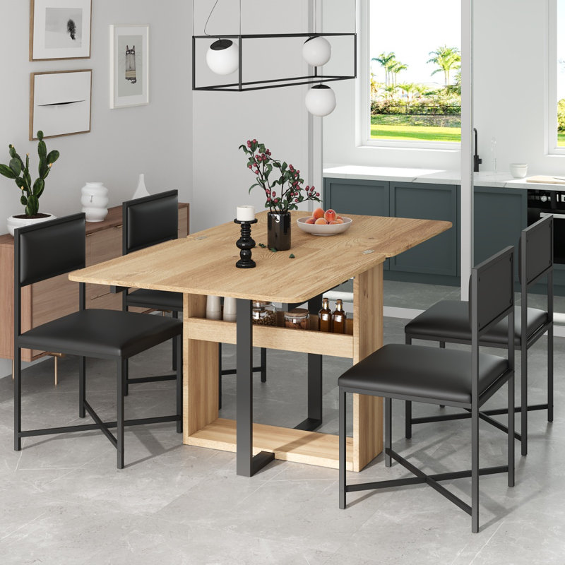 Ensemble de table de salle à manger extensible compacte 63 pouces 5 pièces TopMAX, Noir, Naturel/noir