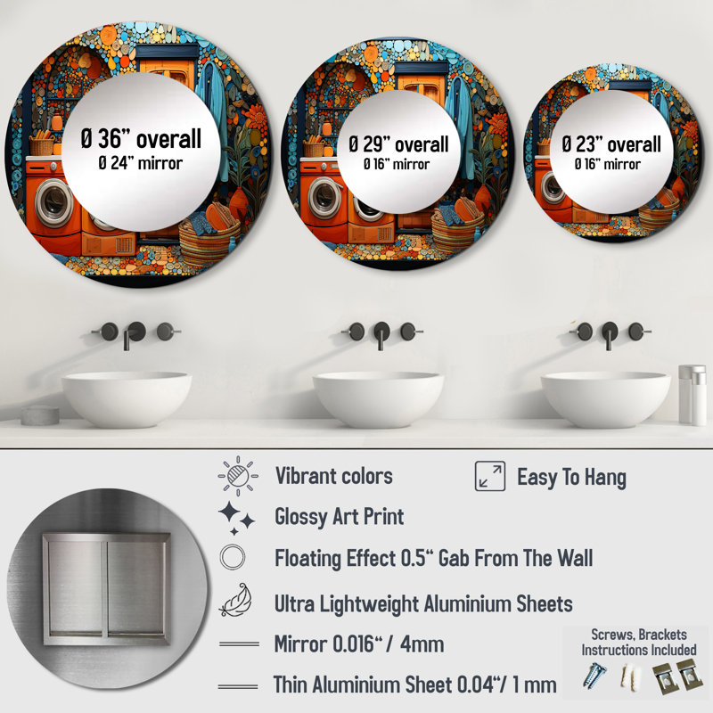 Laundry Popart Room - Bath & Laundry Round Mirror Wall Decor, 36 po x 36 po