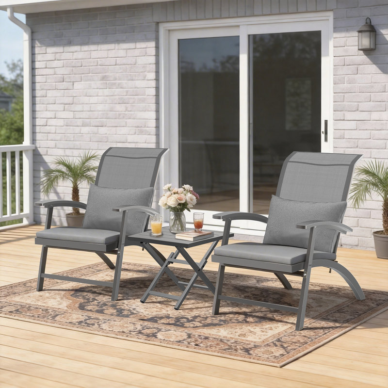 3-Piece Outdoor Patio Furniture Set, Folding Conversation Set with Coffee Table, Adirondack Chairs for Garden, Balcony, Backyard, Poolside, All-Weather Wicker Patio Chairs (Grey Cushion)