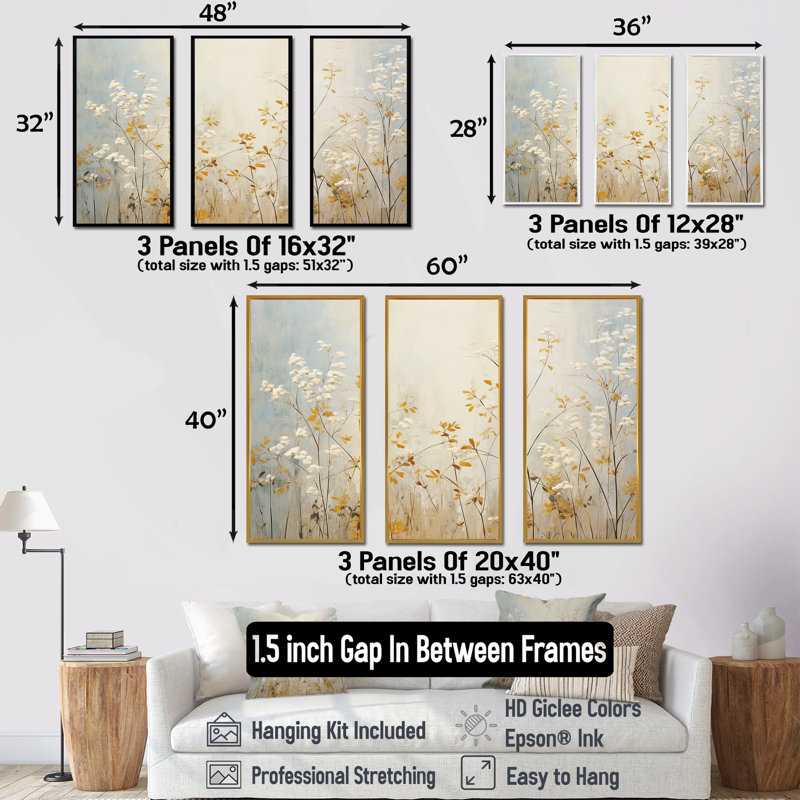 Ensemble de salon Beige Herbs Minimal Harmony - Floral Herbs Wall Art, Cadre flottant doré, H 28 po x l 36 po x P 1 po