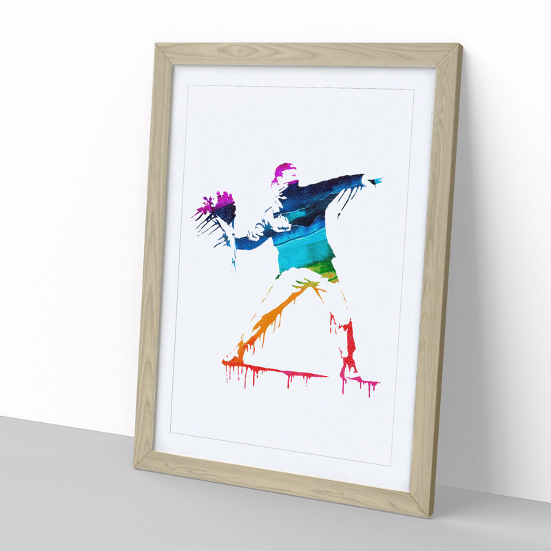 Banksy Flower Thrower - Picture Frame Graphic Art, Oak, 36cm H x 27cm W x 2cm D