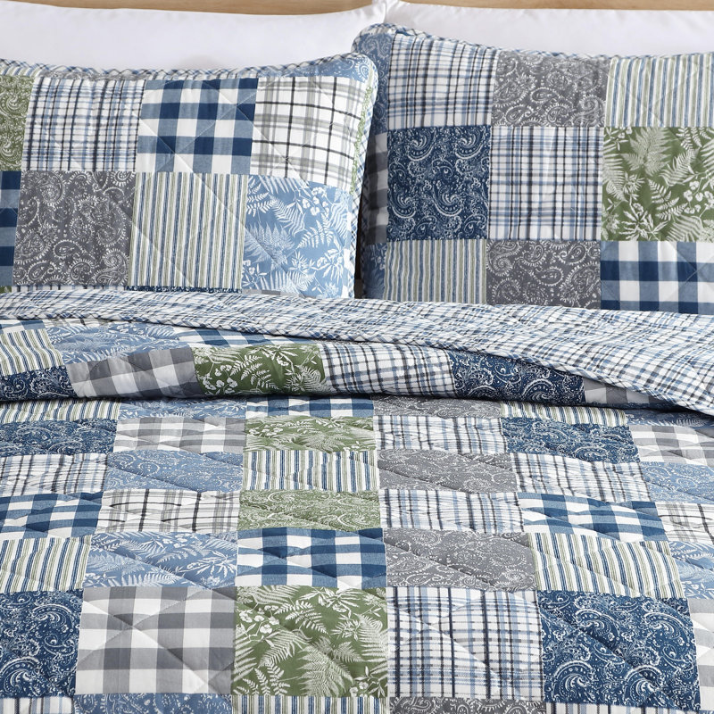 Blue Cotton Twin Reversible Patchwork Quilt Set