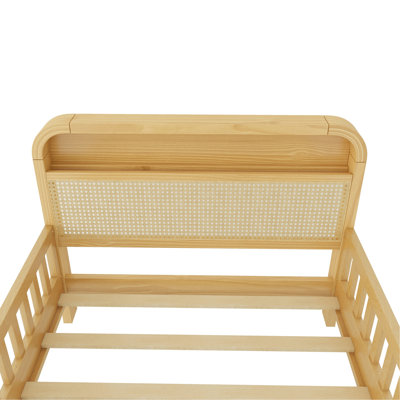 Structure de lit simple en rotin avec lumières DEL et tête de rangement, lit plateforme simple avec barrières de sécurité pour enfants