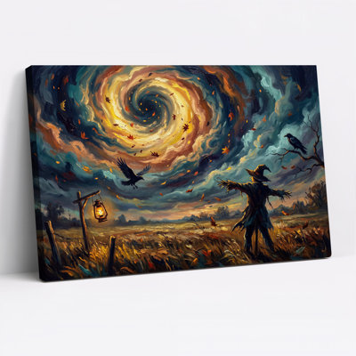 «Scarecrow and Crows Under Swirling Autumn Sky», art mural sur toile