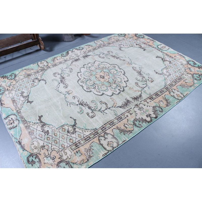 Grand tapis Oushak turc vert fait à la main parfait pour le salon ou la chambre à coucher en laine