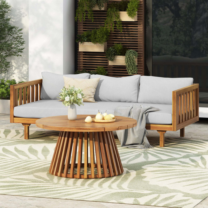 Ensemble de patio en bois d'acacia avec canapé 3 places avec coussins résistants à l'eau et table basse ronde pour l'extérieur