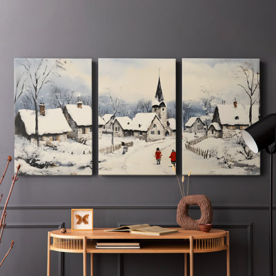 Village de Noël enneigé avec sapin décoré - Triptyque en trois parties sur toile, aquarelle - 24 x 36 pouces par panneau, prêt à accrocher - Série Noël XXII