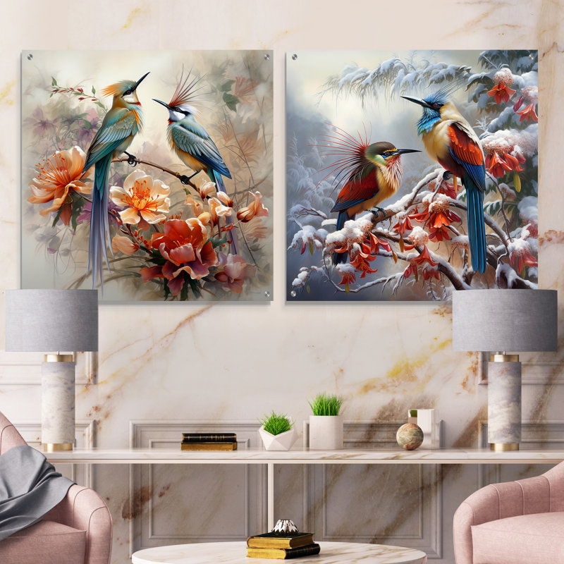 «Bird Paradise Floral Charm In Winter», ensemble de 2 peintures murales en acrylique, H 36 po x l 73 po