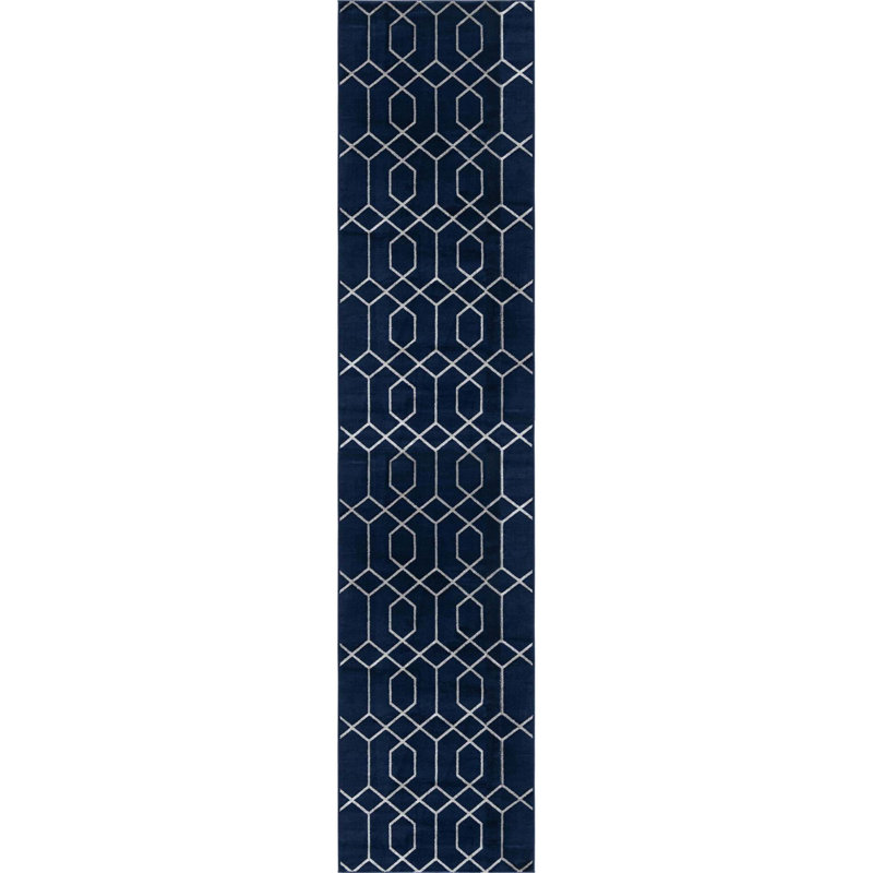 Glam Navy Blue Silver Area Rug, Runner 2'7" x 12'