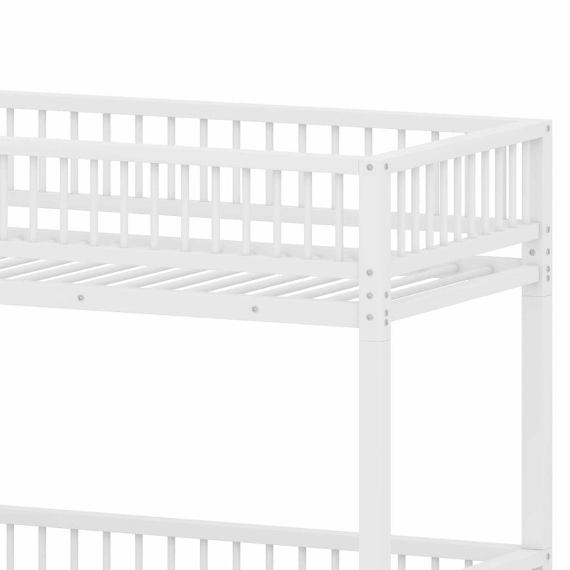 Floor Bunk Bed Frame With Ladder And Safety Guardrails, Twin XL over Queen, White