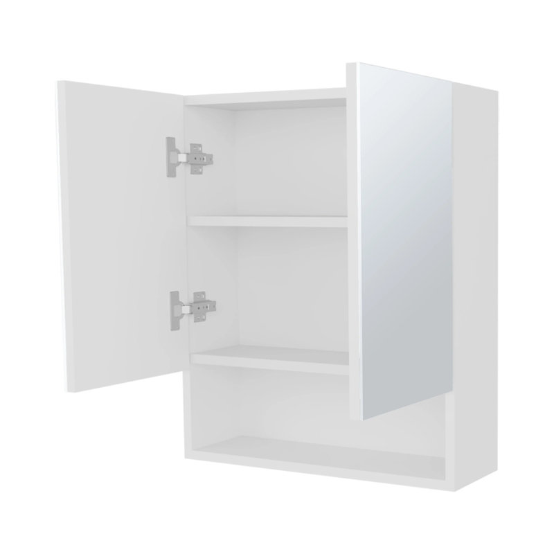 Armoire à pharmacie blanche avec portes en miroir et rangement ouvert