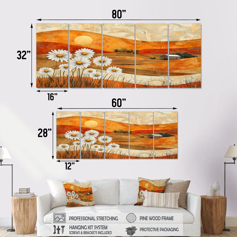 «Daisies Flowers Barn Bold Landscape I - Daisies Wall Art», ensemble de décorations murales traditionnelles, 5