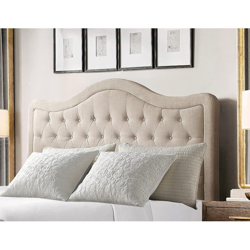 Upholstered Tufted Natural Linen Adjustable Headboard Bed with Adjustable Height for Bedroom, Full, Beige, Full