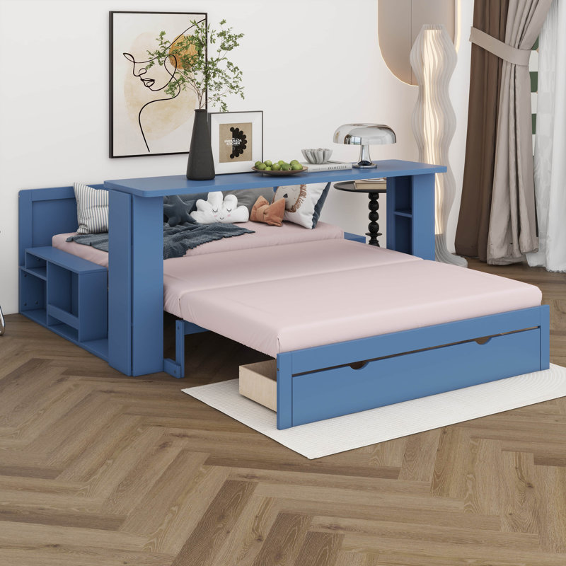 Lit de jour double avec bureau amovible, structure de lit de jour en bois avec tiroirs de rangement et table d'appoint hydraulique