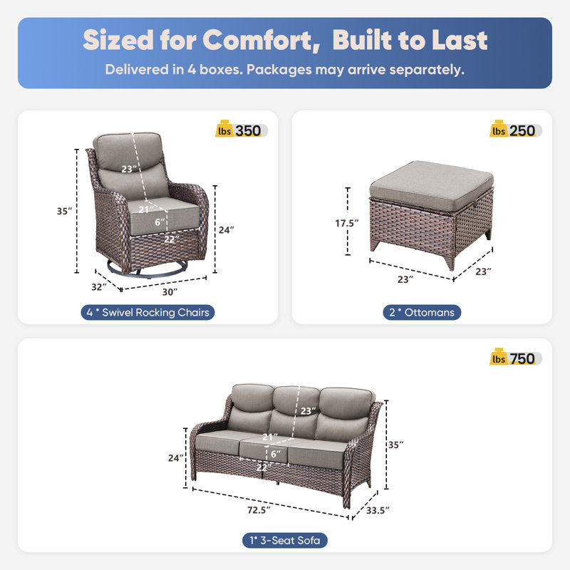 Wickes Haven 7-Person PE Wicker Outdoor Patio Conversation Set With 6" Thickness Cushions, Light Gray