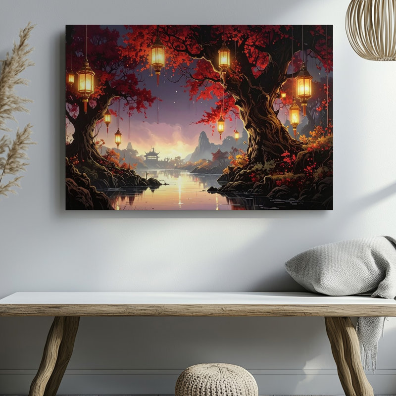 «Lantern River Serenity Canvasmystical Red Forest and Pagoda Night», art mural, H 16 po x l 20 po