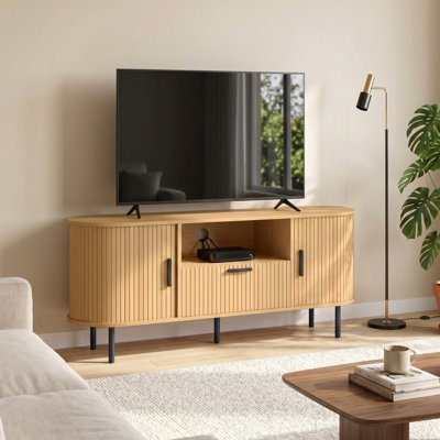 Meuble télé pour téléviseur de 60 po avec portes coulissantes courbées et tiroir, naturel