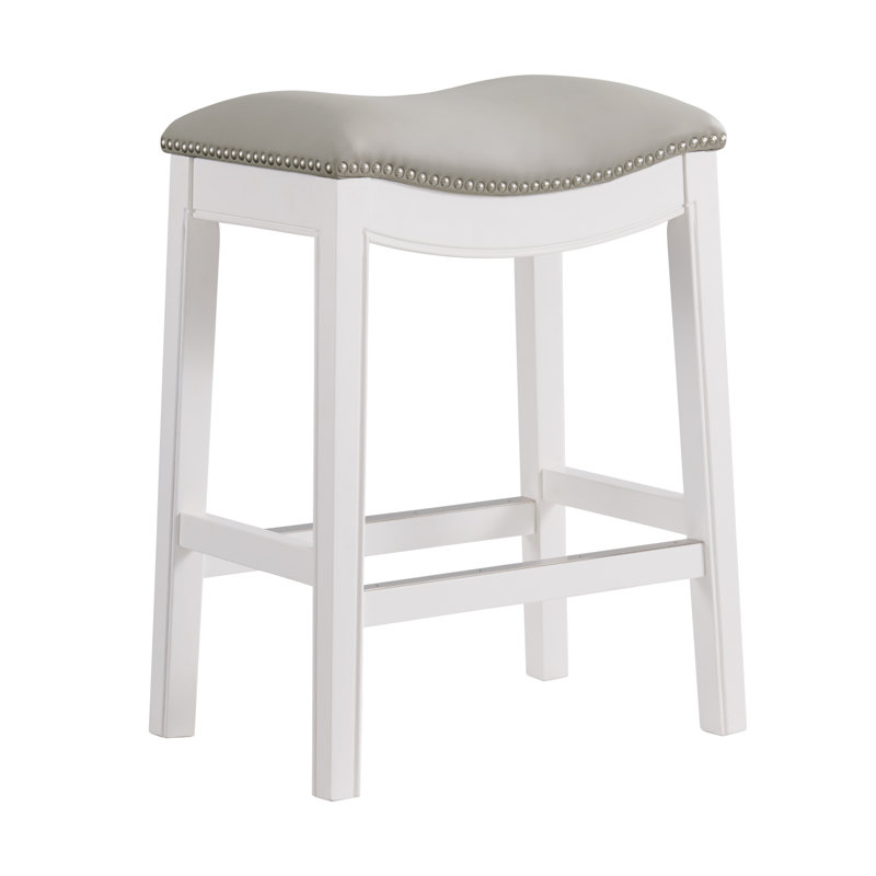 Tabouret à hauteur de comptoir Williston, blanc, structure en bois d'hévéa massif, siège revêtu de similicuir, argent, 1