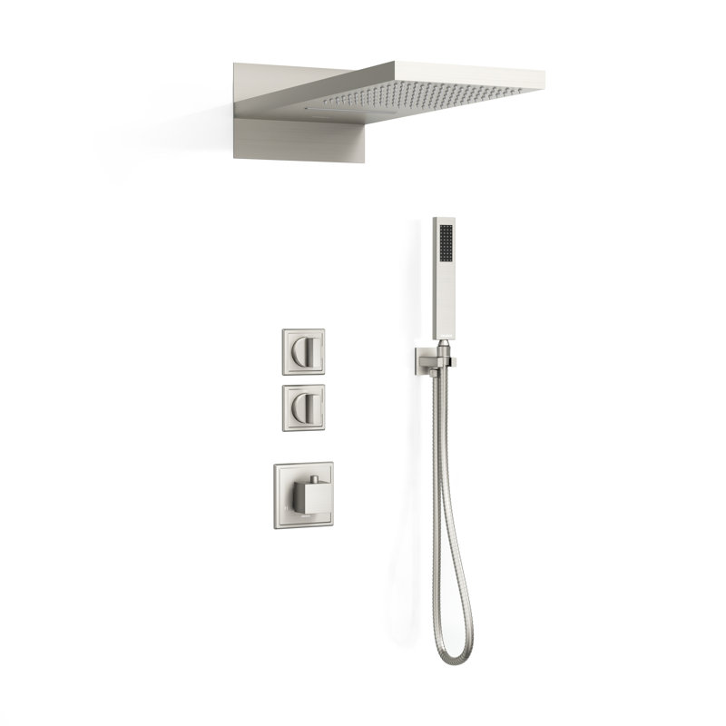 Système de douche Gough Rainfall Waterfall avec valve incluse, pomme de douche en nickel brossé 22 po avec douchette, ensemble de robinet de douche à 5 jets
